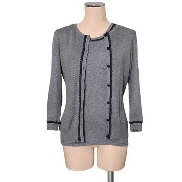 RED Gray Navy Scalloped Applique Twinset Cardigan Sweater Set M - Picture 1 of 2